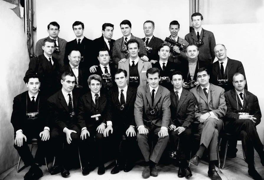 Family portrait: Paris Match photographers pose with their Leica’s. © Paris Match Archive. 1st row, from left to right: Lucien Nau, Jacques de Potier, Gérard Géry, Patrice Habans, René Vital, Jack Garofalo, Daniel Camus and Philippe Le Tellier. 2nd row: Michel Descamps, Maurice Jarnoux, André Lefebvre, Walter Carone, Willy Rizzo, Izis and Hubert de Segonzac. 3rd row: Georges Ménager, Claude Azoulay, Charles Courrière, François Gragnon, Pierre Vals, Roger Picherie and Jean-Claude Sauer. March 1960.
